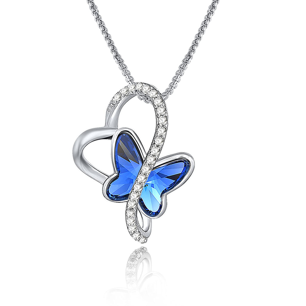 [Australia] - GEORGE · SMITH Butterfly Heart Necklace for Women Blue Crystal Silver Necklace & Hoops Earring Gift for Mum Daughter Wife on Birthday Mother's Day Anniversary 1-Butterfly necklace 