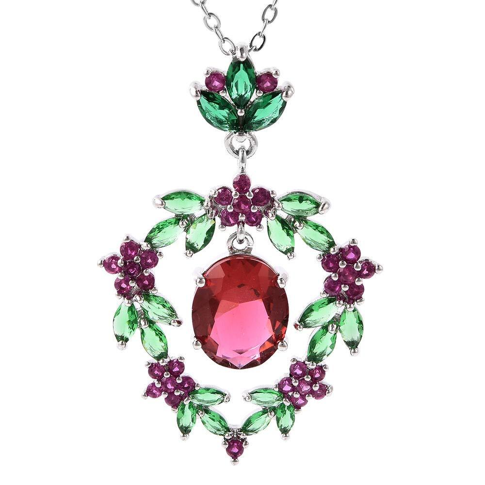 [Australia] - TJC Floral Necklace for Women Jewellery for Nature Lover Simulated Red Garnet, Simulated Emerald and Simulated Ruby January Birthstone 