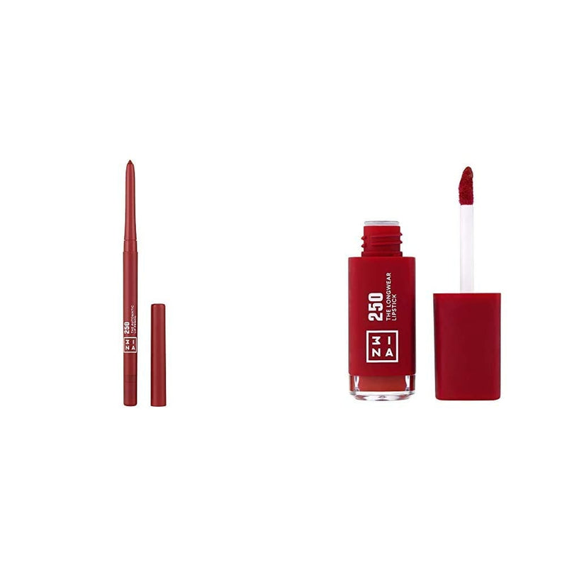 [Australia] - 3INA MAKEUP - Vegan - Cruelty free - Lipstick sets for women - Lip liner and lipstick set - Stay on liquid lipstick 24hrs - The Automatic Lip Pencil and The Longwear Lipstick 250 - Dark Pink Red 