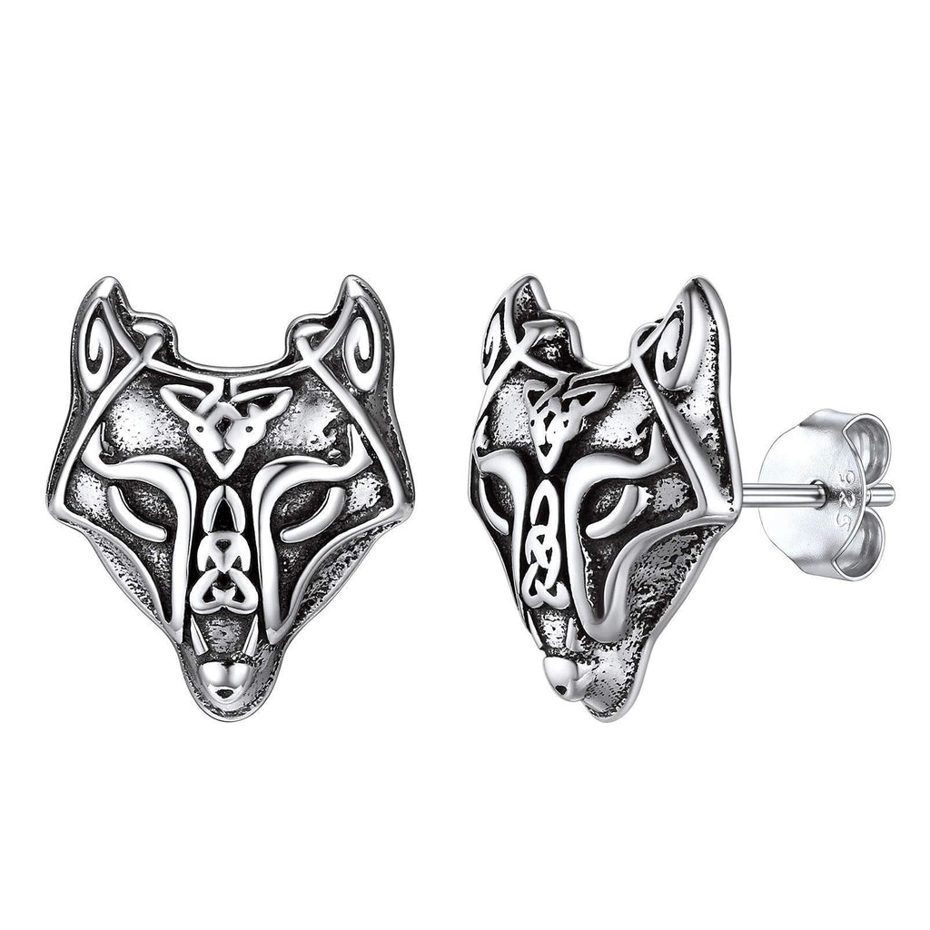 [Australia] - Silvora Norse Viking Jewelry Thor's Hammer Studs Sterling Silver Vintage Celtic Knot Wolf Head Stud Earrings for Women Men Silver-wolf Head 