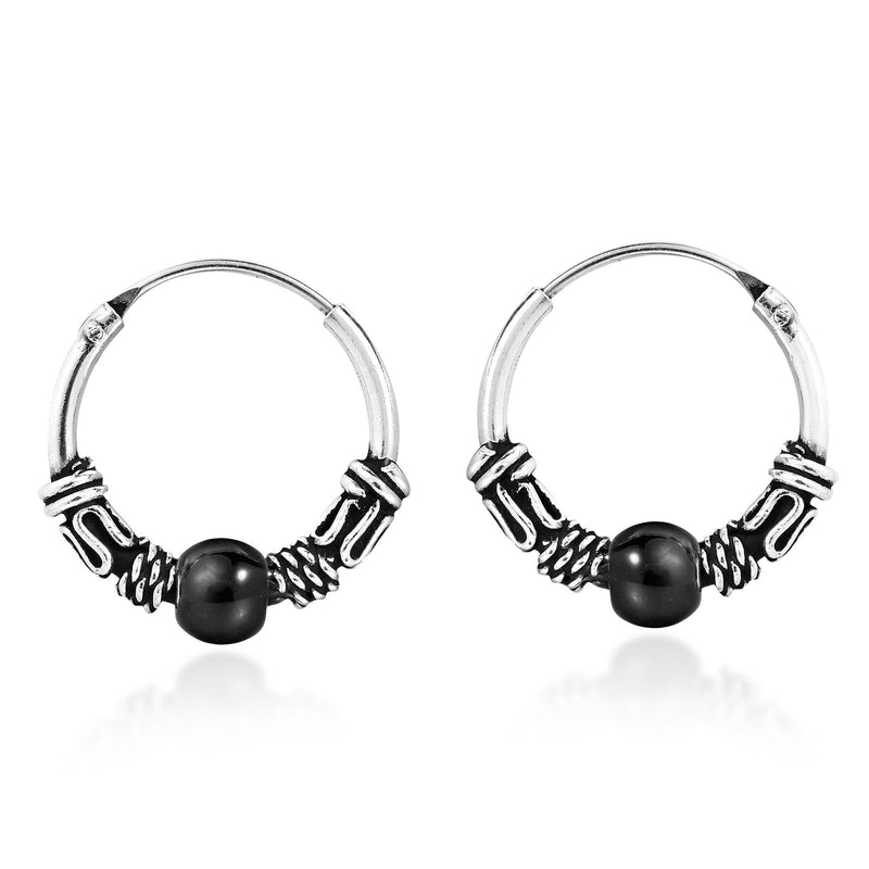 [Australia] - 15 mm Balinese Black Ball .925 Sterling Silver Hoop Earrings 