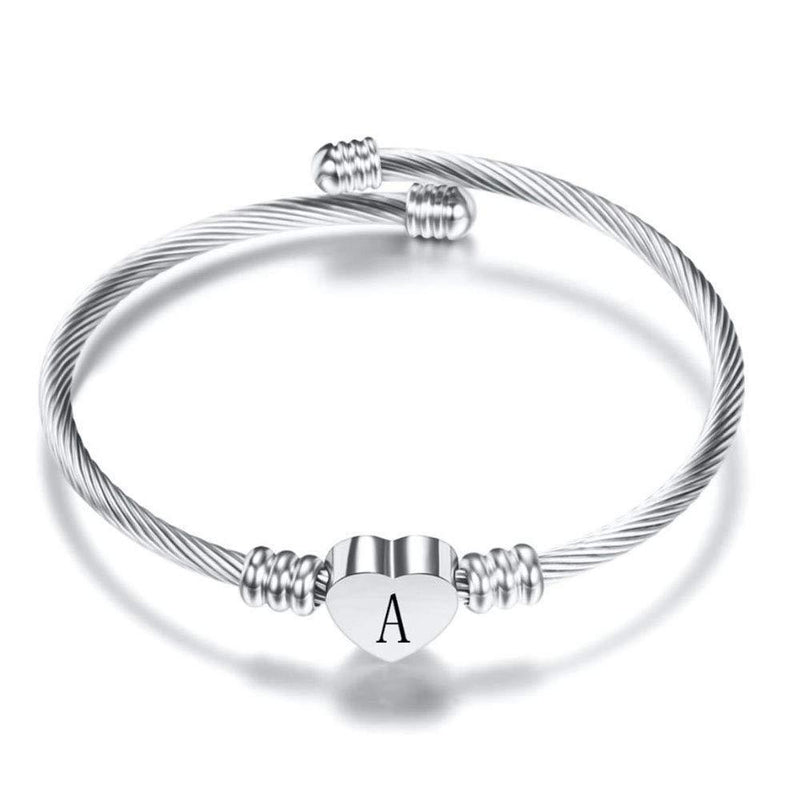 [Australia] - FGT Women Girls Initial Letter Cuff Bracelet Silver Alphabet Heart Bangle Bracelets Gift for Birthday A 