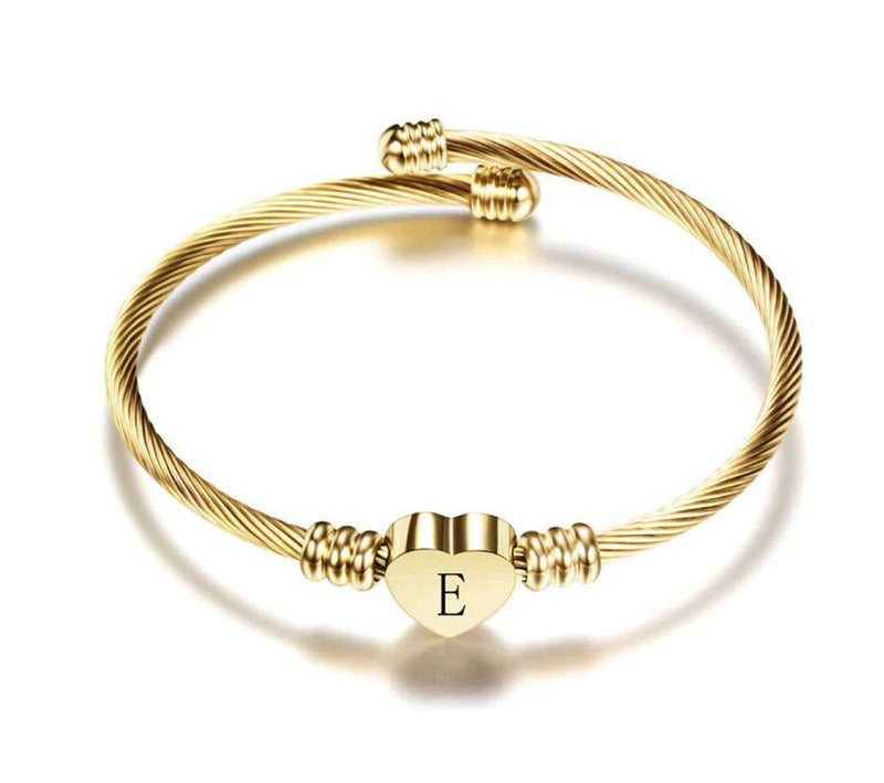 [Australia] - FGT Women Girls Initial Letter Cuff Bracelet Gold Alphabet Expandable Heart Bangle Bracelets Gift for Birthday E 