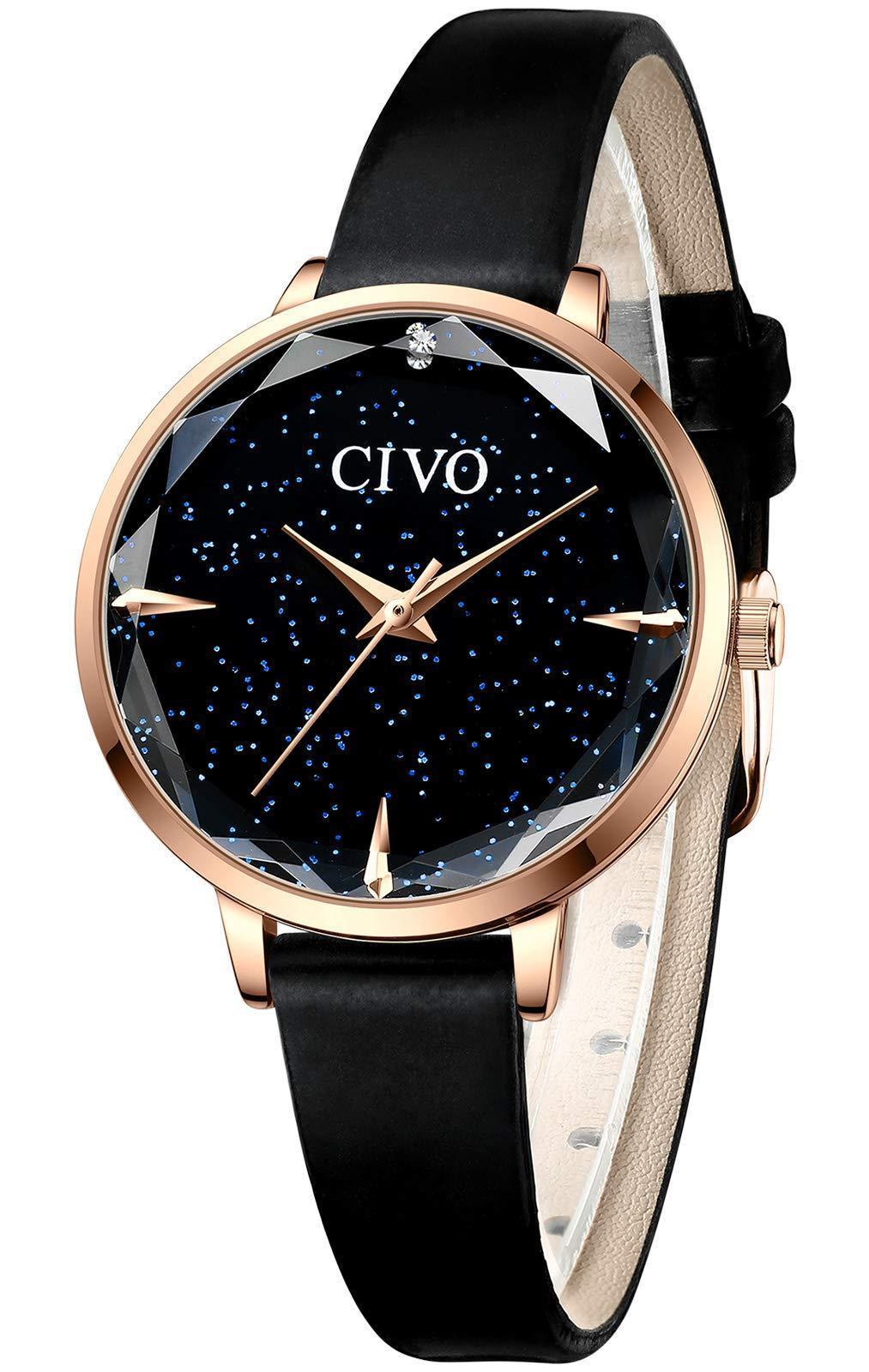 [Australia] - CIVO Ladies Watches Slim Ultra Minimalist Women Watch Waterproof Starry Sky Leather Strap Women Watches Elegant Simple Classic Business Dress Casual Analogue Watches for Ladies Teenager Red Black 2 Black 