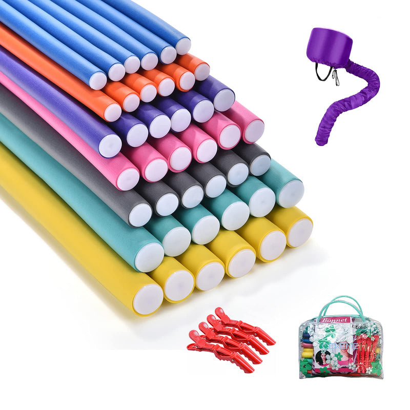 [Australia] - (3 in 1) 42pcs Foam Flexible Curling Rods Hair Curler Rollers + Hair Dryer Hood Bonnet Attachment Cap + 4pcs Hair Clips, No Heat Magic Hair Rollers for Long Medium Short Hair (Purple) Purple 