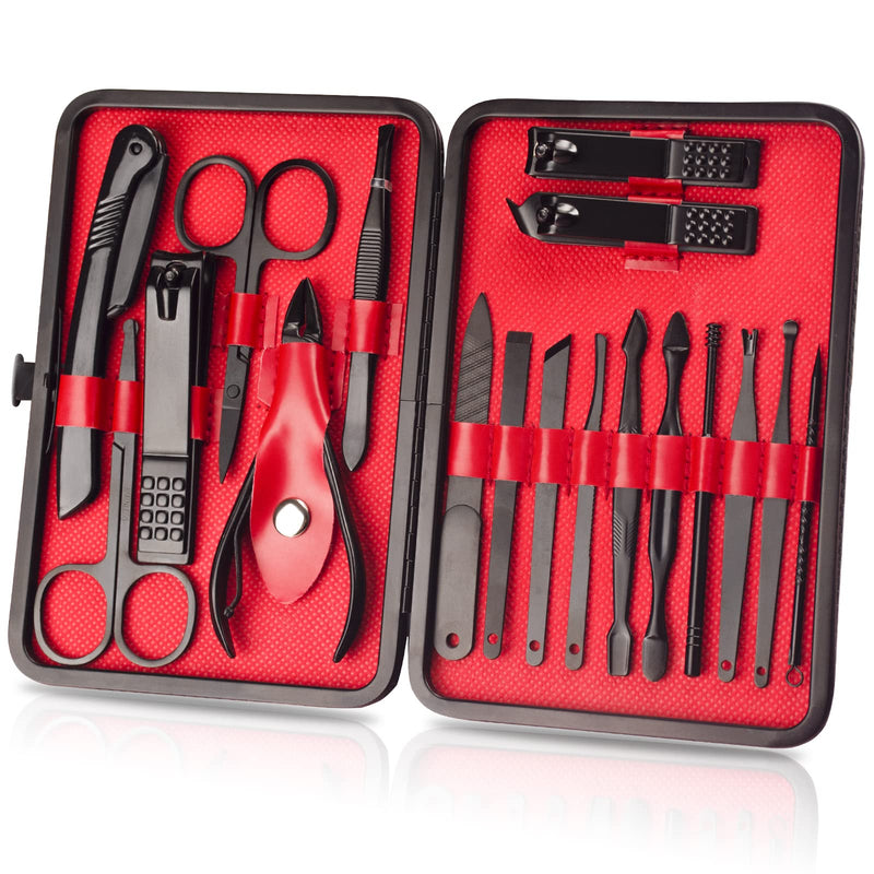 [Australia] - OWill Manicure Set, 18pcs Nail Clippers Pedicure Kit Nail Care Kit Manicure Professional Tools Gift For Men Women Friends and Parents (Black & Red) Black and Red 