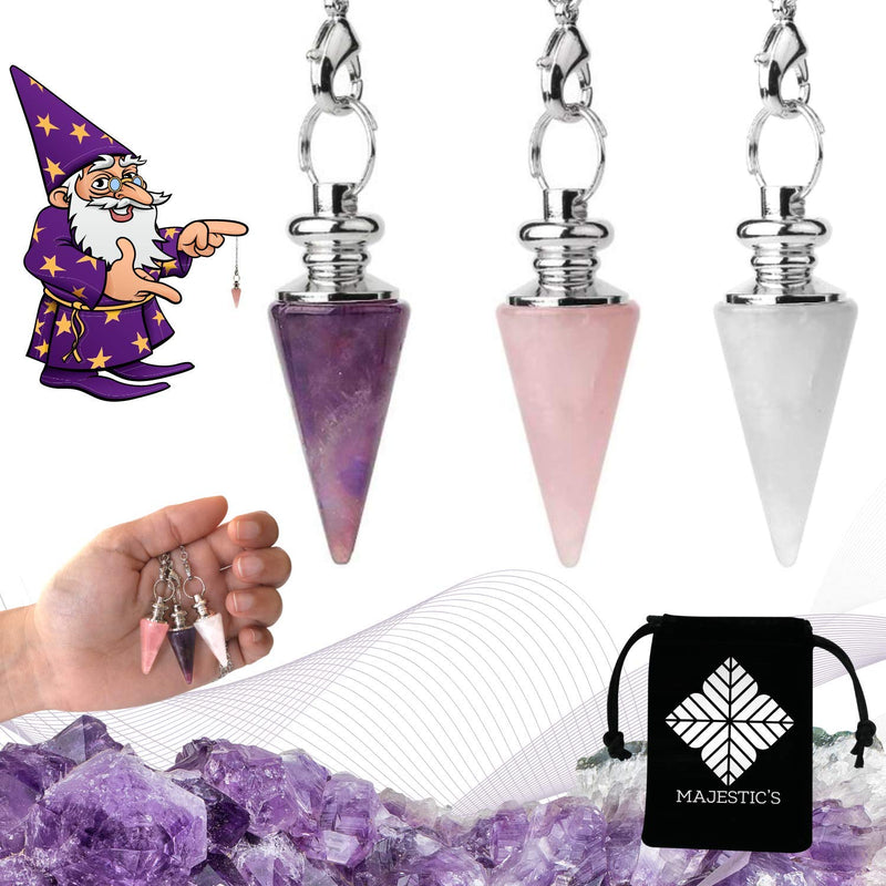 [Australia] - 3x Divination Pendulum Rock Crystal, Amethyst and Rose Quartz Cone Shape, Natural Stone Radiesthesia Pendulum - Pack of 3 Pendulums 