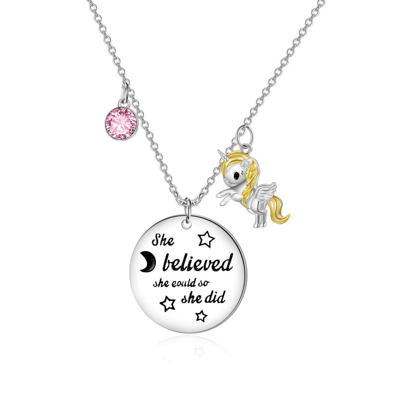 [Australia] - Unicorn Gifts for Girls, Sterling Silver Unicorn Necklace with Birthstone Crystals, Unicorn Jewellery Birthday Gifts for Daughter Her Women Pink 