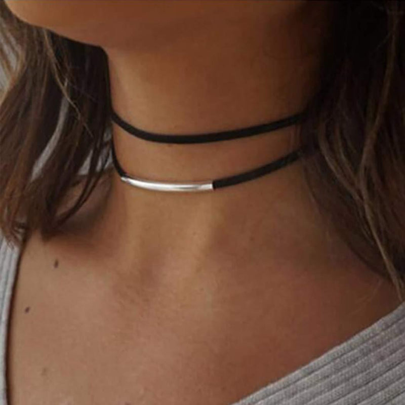 [Australia] - Handcess Black Velvet Choker Necklaces Silver Bar Necklace Layered Necklace Jewelry for Women and Girls 