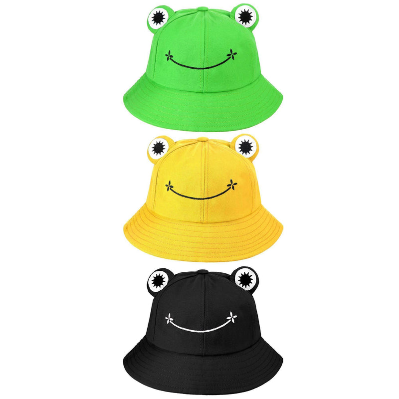 [Australia] - 3 Pieces Cute Frog Bucket Hat Fisherman Sun Bucket Hat Wide Brim Beach Summer Hat for Women Teens Girls Green, Black, Yellow L 