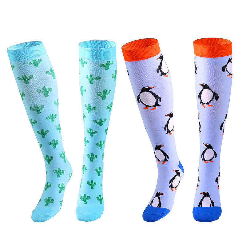 [Australia] - Zingso Compression Socks for Women Ladies, 2 Pairs Sports Nursing Pregnancy Recovery Varicose Veins Running Travel Stylish Knee-High Designed Flight Compression Socks Stockings, 20-25 mmHg B-Penguin/Cactus-2 Pairs L-XL 