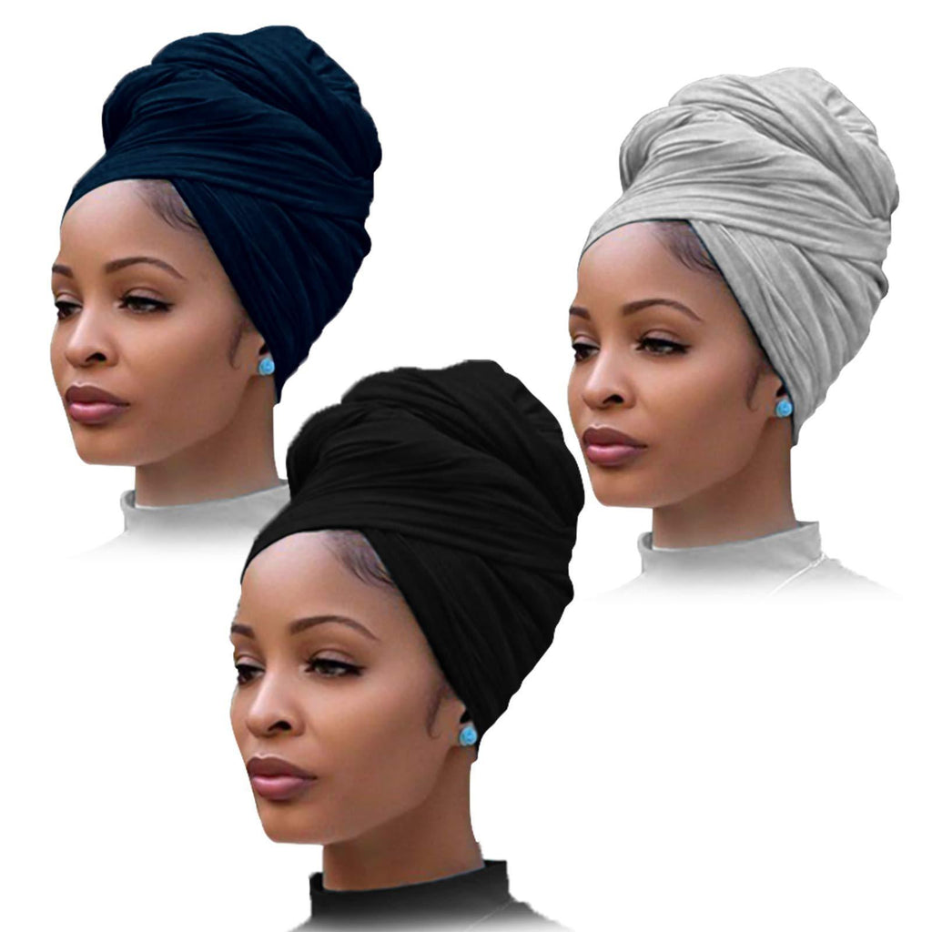 [Australia] - YMHPRIDE 3 Pieces Stretch Jersey Turban Head Wrap Knit Headwraps Urban Hair Scarf Solid Color Extra Long Ultra Soft Breathable Head Band Tie for Women (Black, Gray and Blue) Black Gray Blue 