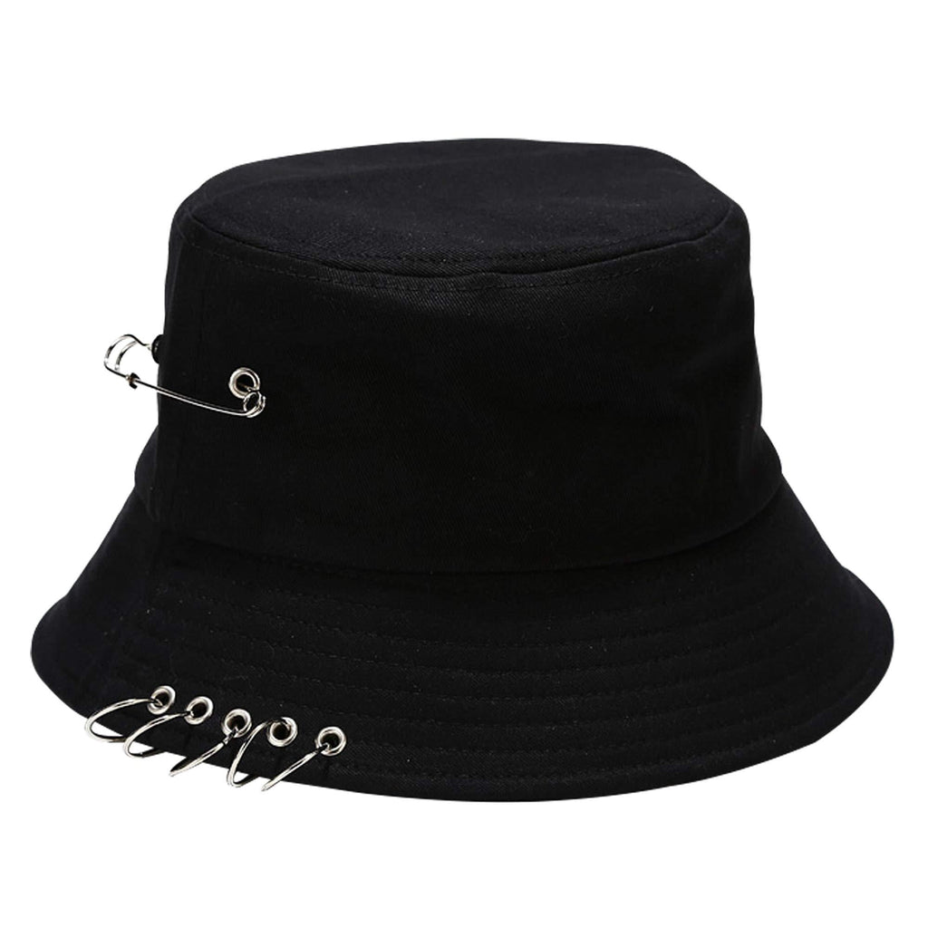 [Australia] - Umeepar Five Ring &Safety Pin Decor 100% Cotton Bucket Hat Packable Beach Sun Hat for Womens Men Black 