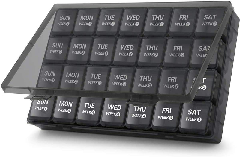 [Australia] - Annwer Large Monthly Pill Organiser 28 Day Pill Box Organizer by Week, Large 4 Weeks One Month Pill Cases with Dust-Proof Container for Pills/Vitamin/Fish Oil/Supplements Black 