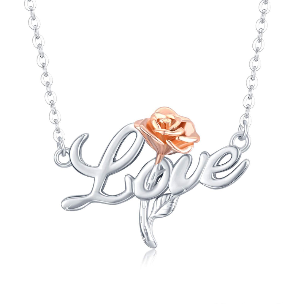 [Australia] - Rose Flower Necklace LOVE Pendant Necklace 925 Sterling Silver Rose Gold Plated Chain Jewellery Women's Necklace Rose Flower Romantic Gift Presents for Ladies Wife Girlfriend Valentines Gifts for Her 