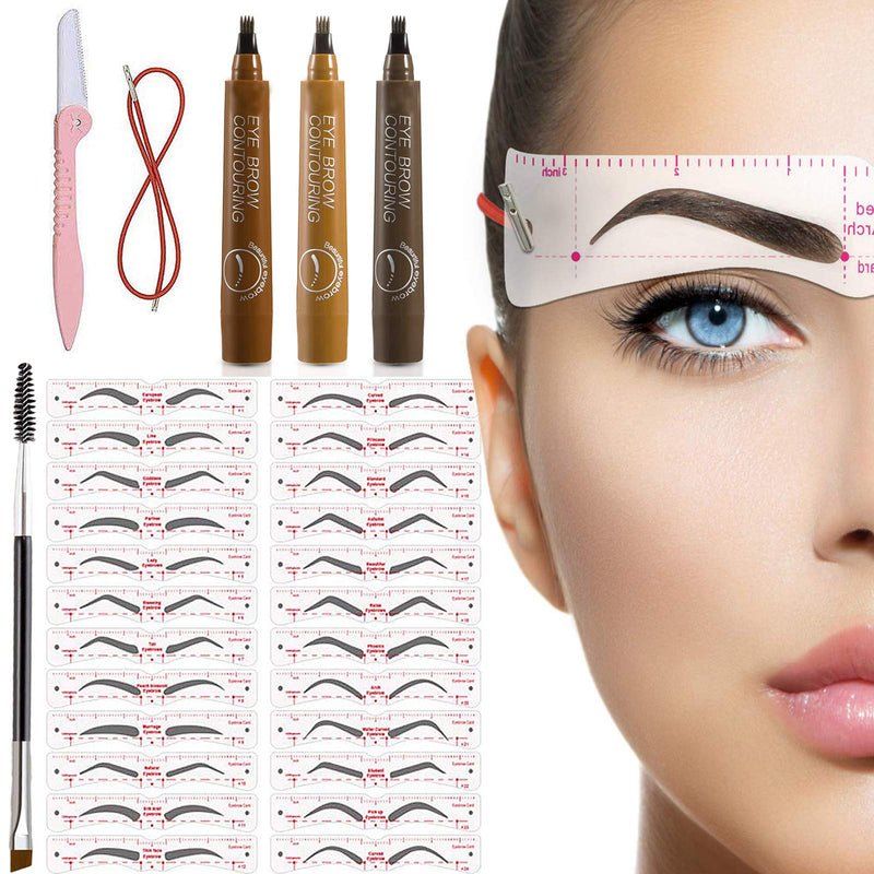 [Australia] - TEUVO 24 Styles Eyebrow Stencils for Beginners, Reusable Eyebrow Shaper Kit with 1 Brow Brush 1 Eyebrow Razor Trimmer and 3 Pens, Eyebrow Kit for 3 Minutes Makeup for Women 