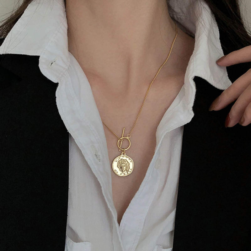 [Australia] - Yienate Fashion Coin Pendant Necklace Human Head Medallion OT Front-Facing Toggle Clasp Gold Necklace Dainty Charm Jewelry for Women and Girls 