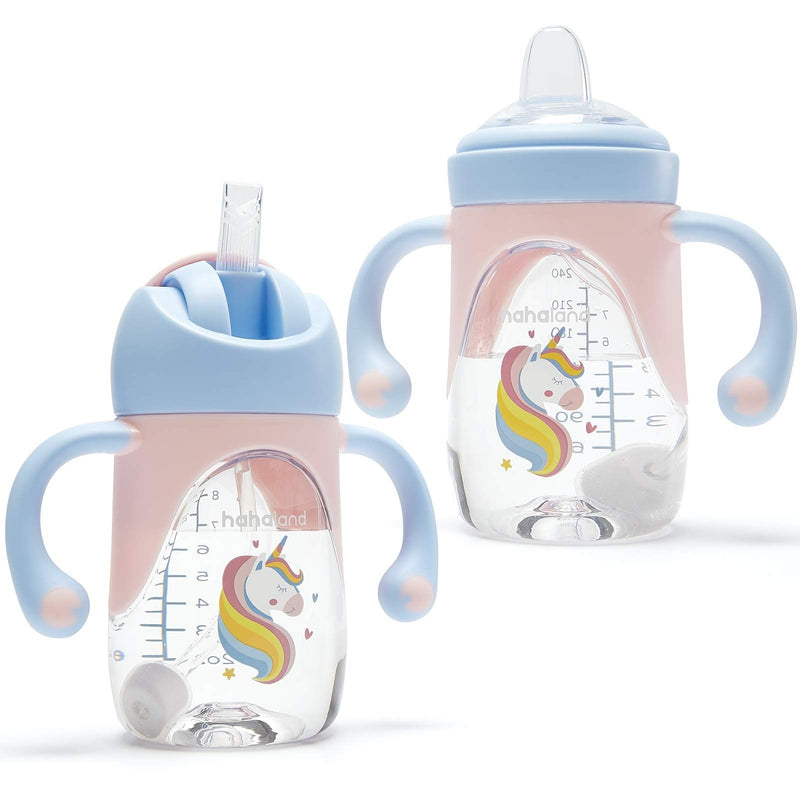 [Australia] - hahaland 2 in 1 Baby Cups & Sippy Cup with Straw and a Spout 240ML, Toddler Drinks Water Bottles Trainer Cup with Handles for Babies 6 12 Months - Unicorn (One Cup with 2 Nipples) Pink & Purple 