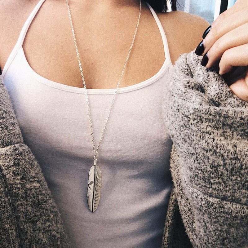 [Australia] - Yienate Boho Silver Feather Pendant Necklace Chain Dainty Long Leaf Necklace Gypsy Charm Jewelry for Women and Girls 