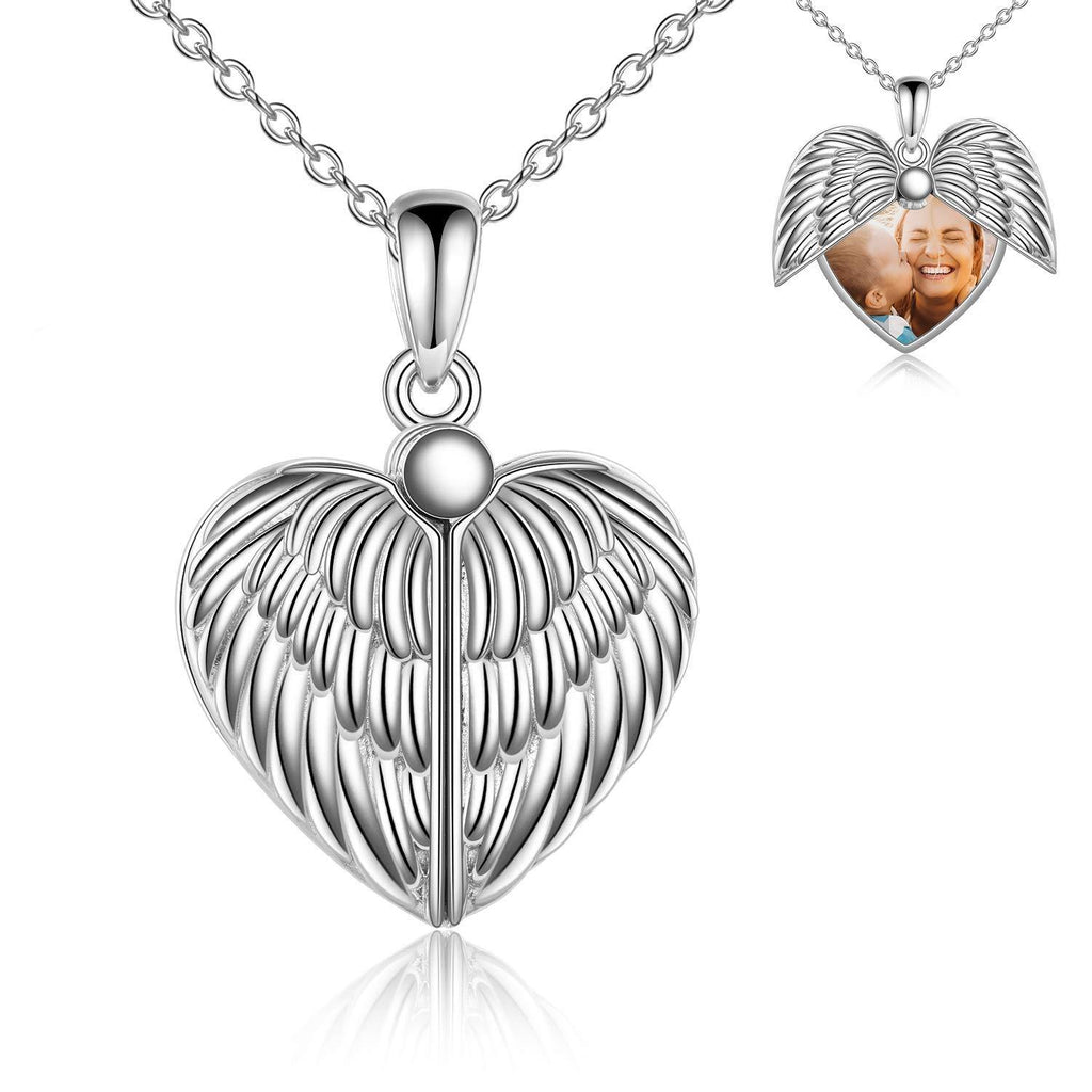 [Australia] - YAFEINI Angel Wings Locket Necklace Sterling Silver Guardian Angel Heart Locket Necklace That Holds Pictures for Women Jewelry 