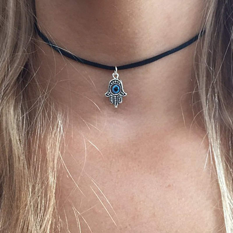 [Australia] - Yienate Fashion Black Velvet Choker Necklace Chain Dainty Fatima Blue Evil Eye Pendant Retro Charm Necklace Jewelry for Women and Girls 