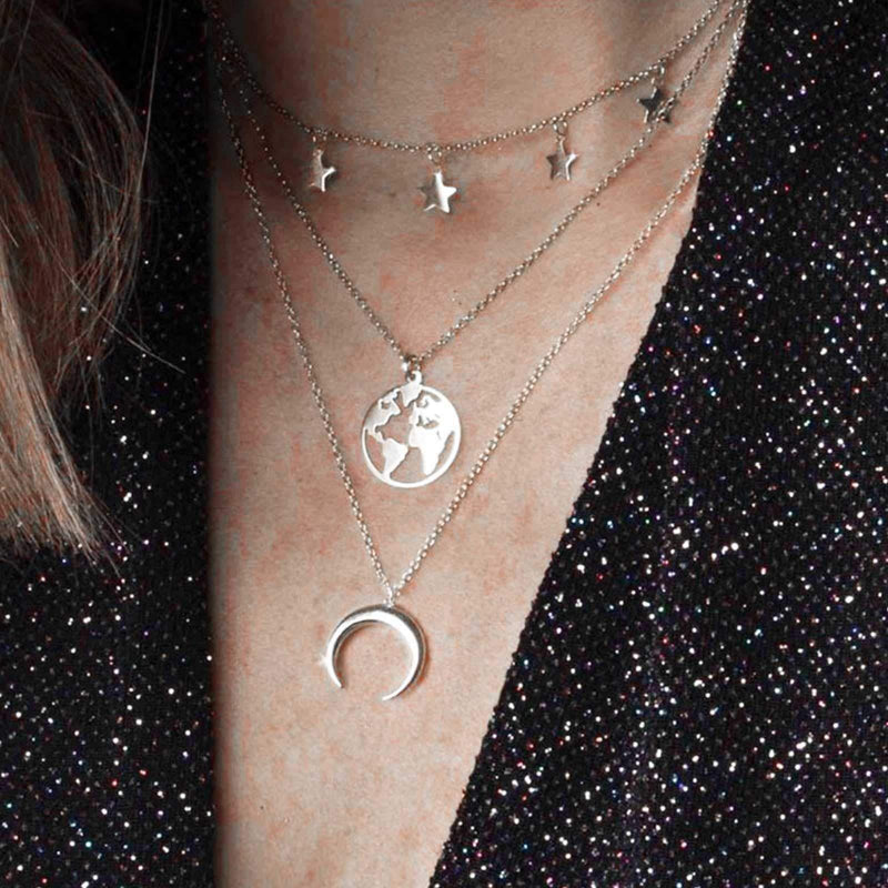 [Australia] - Yienate Multilayer World Map Pendant Necklace Chain Dainty Star Choker Crescent Moon Pendant Necklace Layered Charm Necklace Jewelry for Women and Girls (Silver) Silver 
