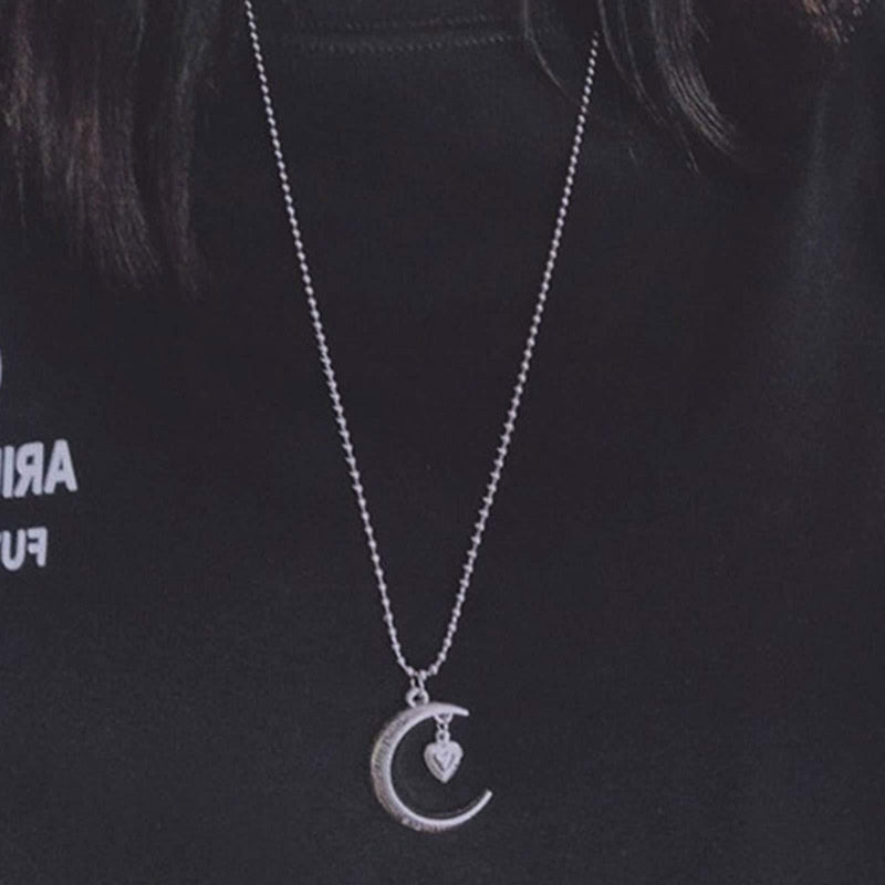 [Australia] - Yienate Fashion Silver Moon Love Heart Pendant Necklace Inspiration Engraved I Love You To The Moon and Back Crescent Pendant Necklace Cable Chain Charm Jewelry for Women and Girls 