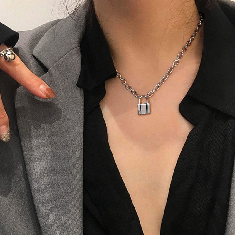 [Australia] - Yienate Punk Lock Necklace Chain Silver Dainty Padlock Pendant Fashion Statement Charm Necklace Minimalist Jewelry for Women and Girls 