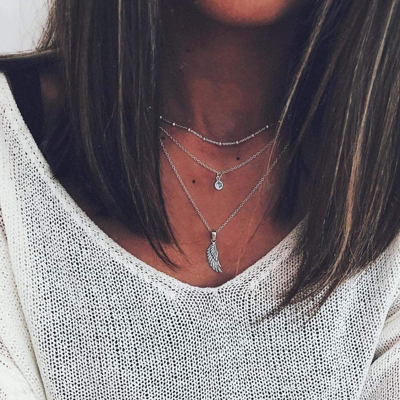 [Australia] - TseenYi Boho Wing Crystal Pendant Necklace Silver Layered Satellite Necklace Chain Vintage Choker Necklaces Jewelry for Women and Girls 