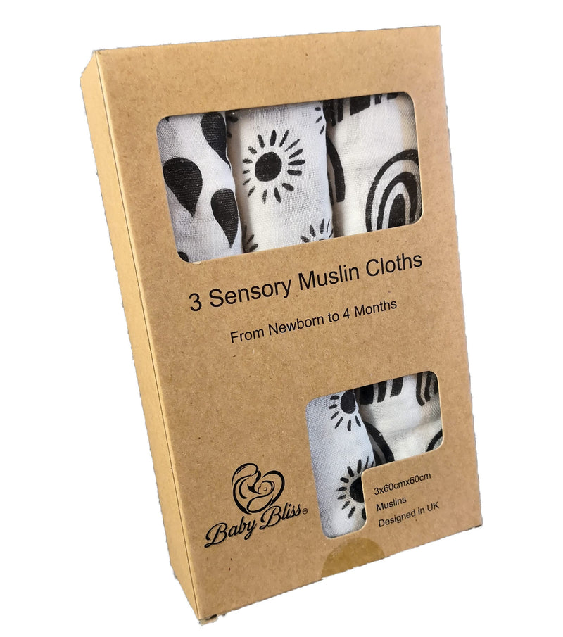 [Australia] - Muslin Squares Bamboo in Black and White Pack of 3 Sensory Muslins for babies Visual Development and Stimulation!… (Black / White, Rainbow) Black / White 