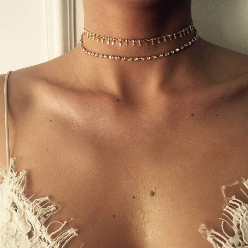 [Australia] - TseenYi Sparkling Rhinestone Choker Necklace Gold Layering Tassel Necklaces Chain Tiny Short Sexy Necklace Jewelry for Women and Girls 