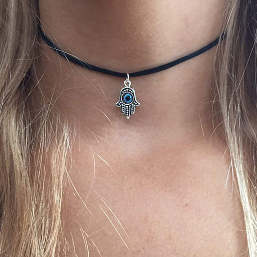 [Australia] - TseenYi Fashion Choker Black Velvet Necklace Choker Silver Fatima Band Blue Evil Eye Pendant Necklace Short Boho Necklaces Jewelry for women and Girls 