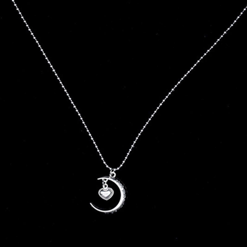 [Australia] - TseenYi Long Moon Pendant Necklace Silver Moon Heart Necklace Minimalist Long Drop Necklaces Vintage Neck Chain Jewelry for Women and Girls 