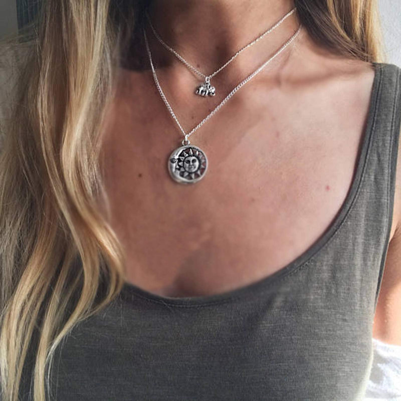 [Australia] - TseenYi Elephant pendant Necklace Boho Elephant Sun Necklace Silver Layering Sunflower Necklace Chain Vintage Sun Moon Face Pendant Neck Jewelry for Women and 