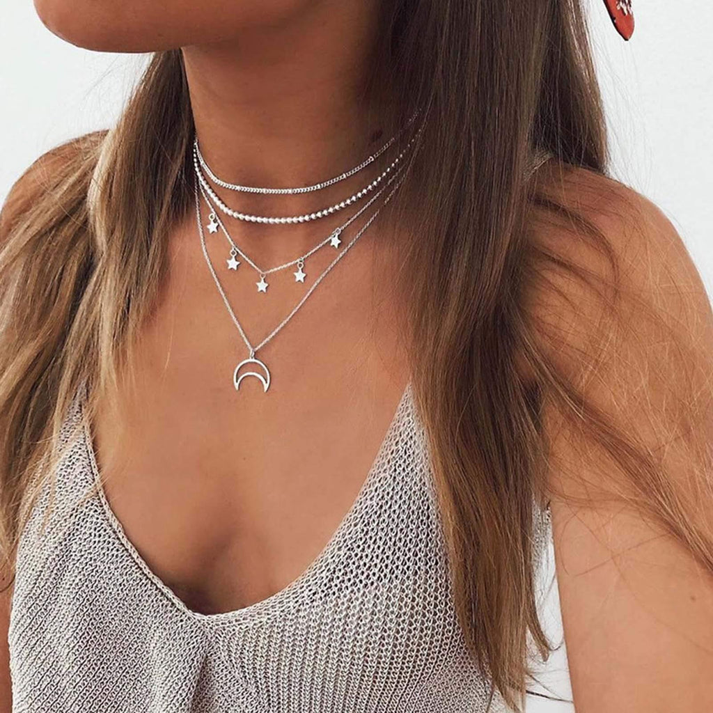 [Australia] - TseenYi Boho Multilayer Necklace Simple Silver Hollow Moon Star Pendant Necklace Vintage Choker Necklaces Jewelry for women and Girls 