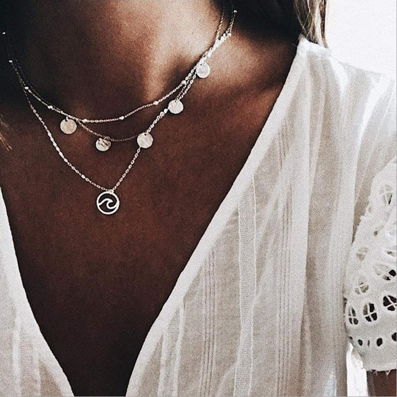 [Australia] - TseanYi Boho Layered Wave Necklaces Silver Sequin Disc Pendant Necklace Choker Vintage Circle Necklace Jewelry for Women and Girls 