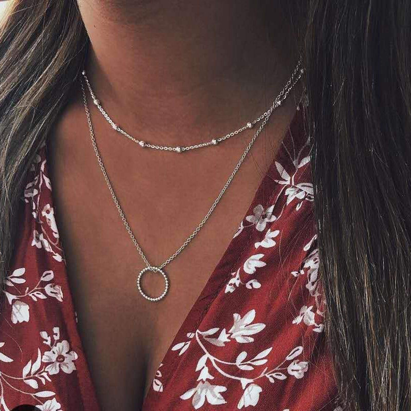 [Australia] - TseenYi Karma Ring Pendant Necklace Layered Silver Circle Satellite Necklace Choker Vintage Neck Chain Jewelry for Women and Girls 