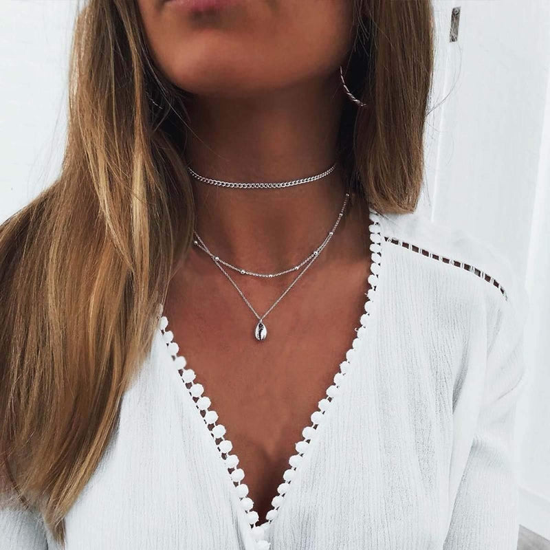 [Australia] - TseenYi Layering Shell Necklace Choker Silver Cowrie Shell Pendant Necklace Vintage Satellite Necklace Chain Jewelry for Women and Girls 