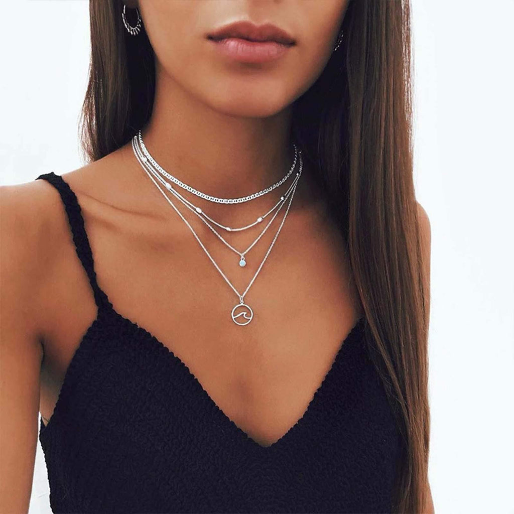 [Australia] - TseenYi Ocean Wave Pendant Necklace Silver Layering Crystal Necklace Satellite Collar Choker Vintage Chain Jewelry for Women and Girls 