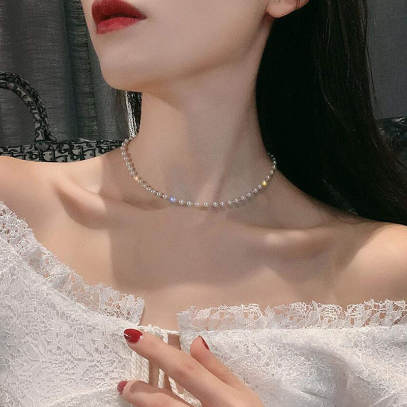 [Australia] - TseenYi Tiny Pearl Necklace Choker Beaded Pearl Chain Necklace Vintage Necklaces Chain Bridal Jewelry for Women and Girls Gifts Silver 