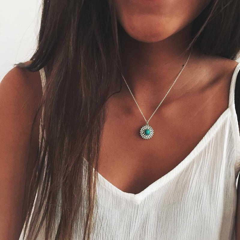 [Australia] - TseenYi Boho Sunflower Pendant Necklace Silver Turquoise Sun Necklaces Choker Vintage Necklace Chain Jewelry for Women and Girls (Silver) 