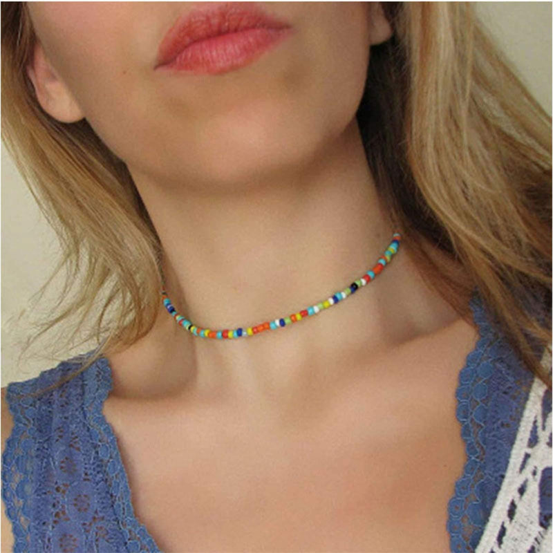 [Australia] - Yienate Boho Colorful Seed Bead Choker Necklace Tiny Bead Chain Minimalist Charm Necklace Jewelry for Women and Girls 