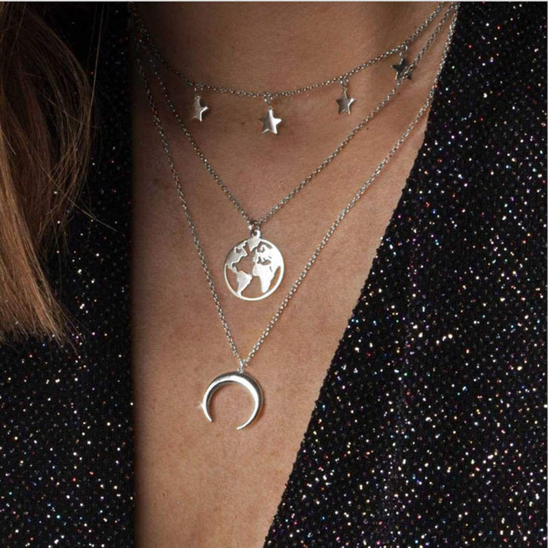 [Australia] - TseenYi Vintage Layering Map Moon Necklace Boho Silver Star Pendant Necklace Choker Celestial Necklace Chain Jewelry for Women and Girls (Silver) 