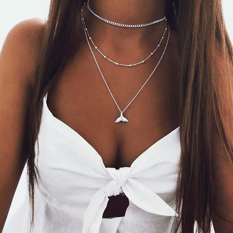 [Australia] - TseenYi Fishtail Pendant Necklace Chain Silver Layered Satellite Necklaces Choker Vintage Collar Chain Necklace for Women and Girls 