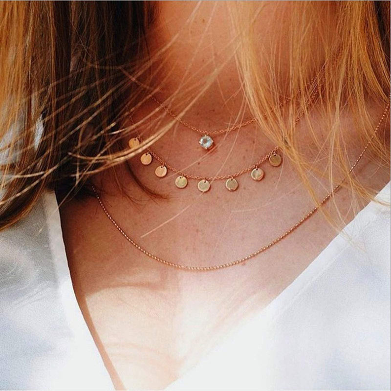 [Australia] - Yienate Fashion Multilayer Gold Sequin Choker Necklace Chain Dainty Rhinestone Pendant Collar Layered Charm Necklace Jewelry for Women and Girls 