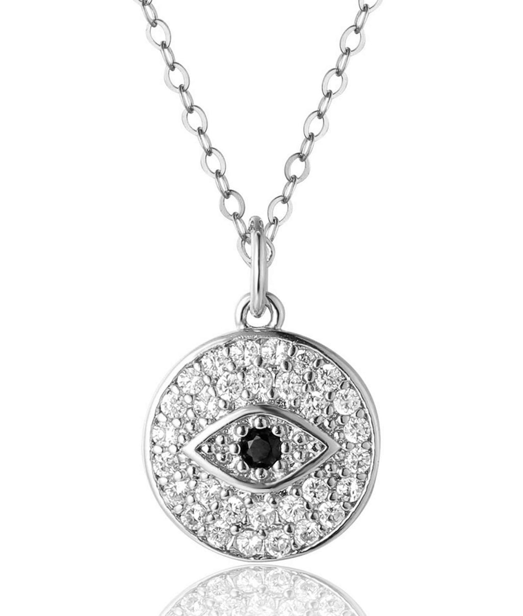 [Australia] - HALUKAKAH Evil Eye Necklace Bracelet Brooch Diamonds for Women,24k Real Yellow Gold/Platinum Plated Blue Eye Coin Pendant Handmade Protection Mal de Ojo Jewelry Sweater Long Chain with Free Giftbox Platinum Plated Coin Necklace Only 