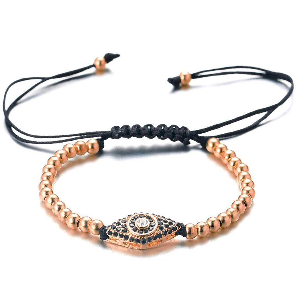 [Australia] - HALUKAKAH Evil Eye Bracelet with Diamonds for Men Women,24k Real Gold/Platinum/Rose Gold/Rhodium Black Plated Handmade Braid Protection Mal de Ojo Jewelry Size Adjustable with Free Giftbox Rose Gold Plated 
