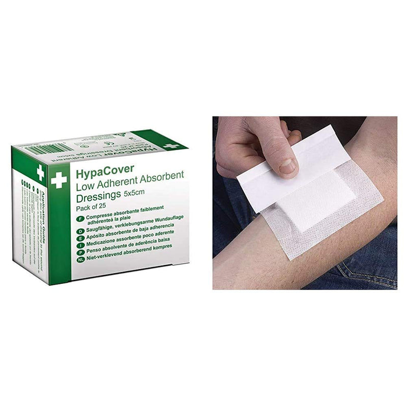 [Australia] - Safety First Aid Group HypaCover Low Adherent Absorbent Dressing, 5x5cm (Pack of 25) with HypaCover Adhesive Dressing - Medium, 8.6x6cm (Pack of 25) Bundle 