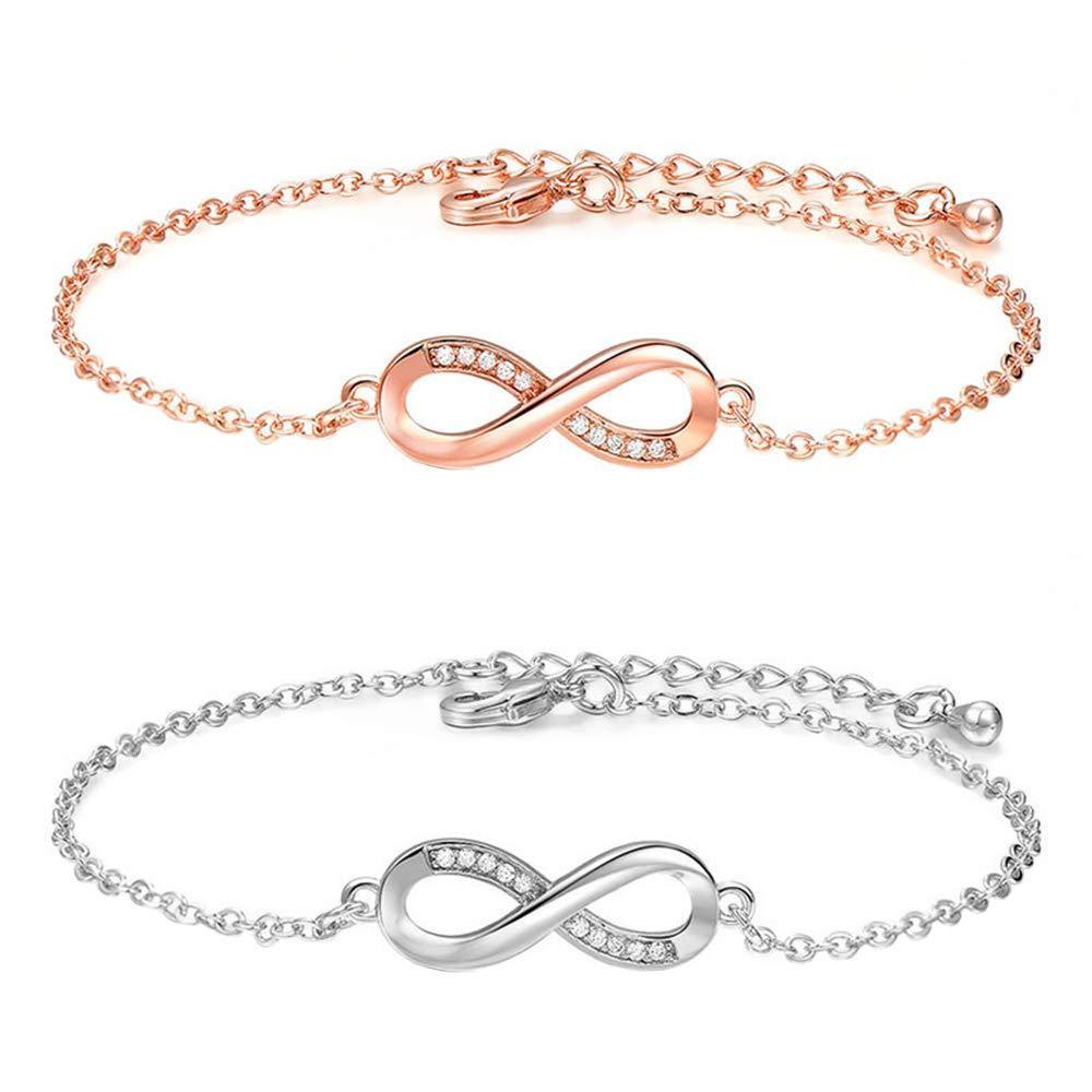 [Australia] - Ceqiny 2pcs Infinity Bracelet Lucky Wristband Figure 8 Ladies Bracelet Crystal Cuffs Endless Love Symbol Knot Bangle Charms Bracelet CZ Foot Jewelry Infinity Anklet for Women Girls, Silver Rose Gold 