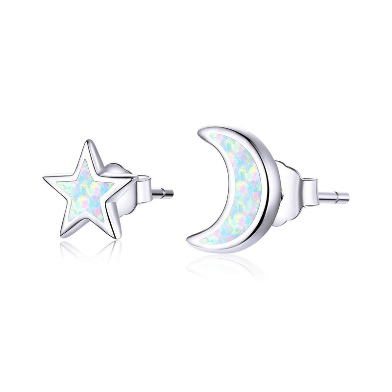 [Australia] - Qings Star Moon Moonlight Stud Earrings Sparkle Opal Changeable Color 925 Sterling Silver for Women and Girls 